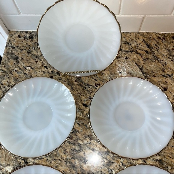 Vintage Anchor Hocking Milk Glass Gold Rim 6” Saucer | Set of 7 - Picture 3 of 8